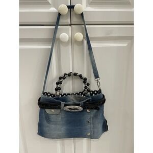 Denim Skirt Handbag With Beaded Handles And Shoulder Strap
